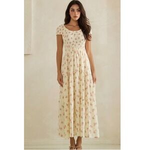 Million Colors Yellow Pink Floral Smocked Bodice Tiered Cotton Maxi Dress YD1115
